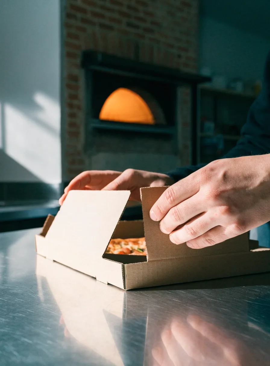 Kéz nyitja a Pizza Forte szállítódobozát a konyhai pulton