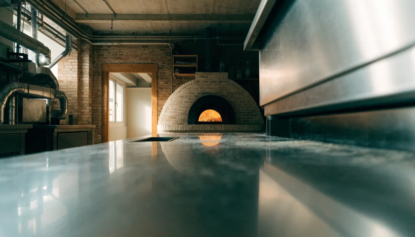 Pizza Forte konyhai pult és a tégla kemence szája reggeli fényben