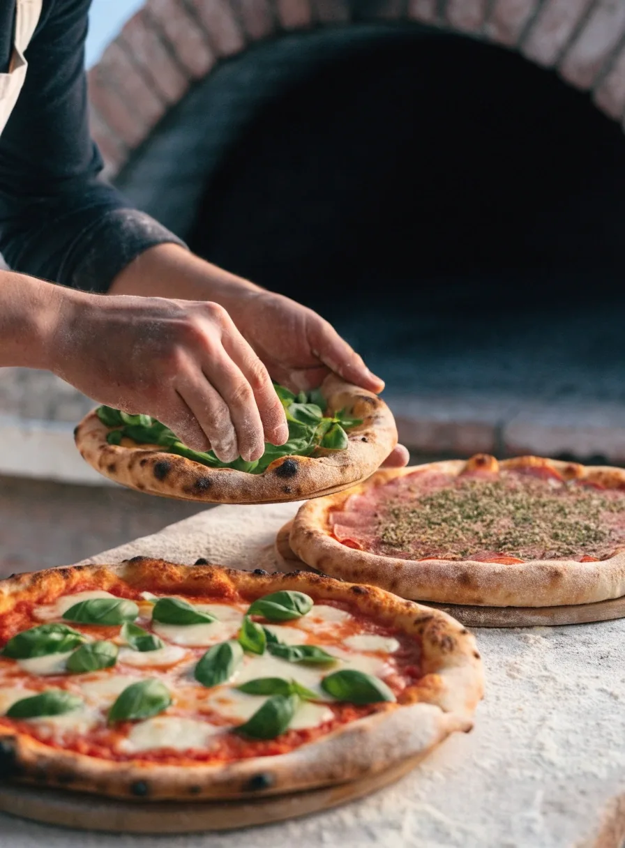 A pizzakészítő keze a fanyelű lapáton, mögötte a téglakemence