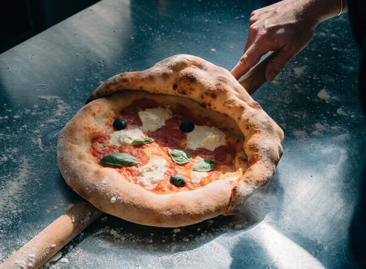 Egy frissen sült nápolyi pizza a kihúzott élén, nedves acélpulton a Pizza Forte konyhájában