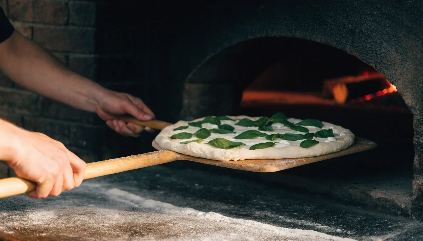 Fanyelű lapát viszi a nyers pizzát a kemence szája felé