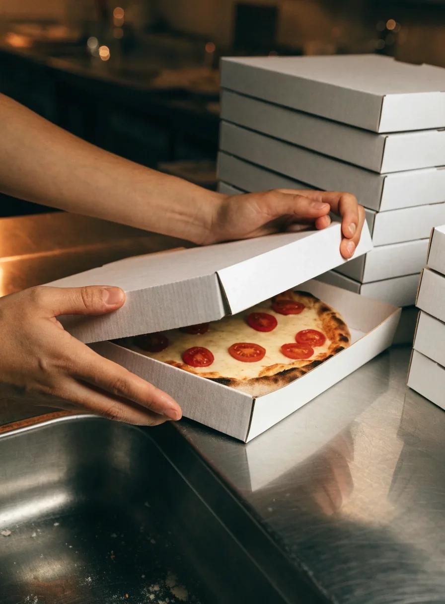 Kéz zárja le a sima, márkajelzés nélküli pizzásdobozt elvitelre