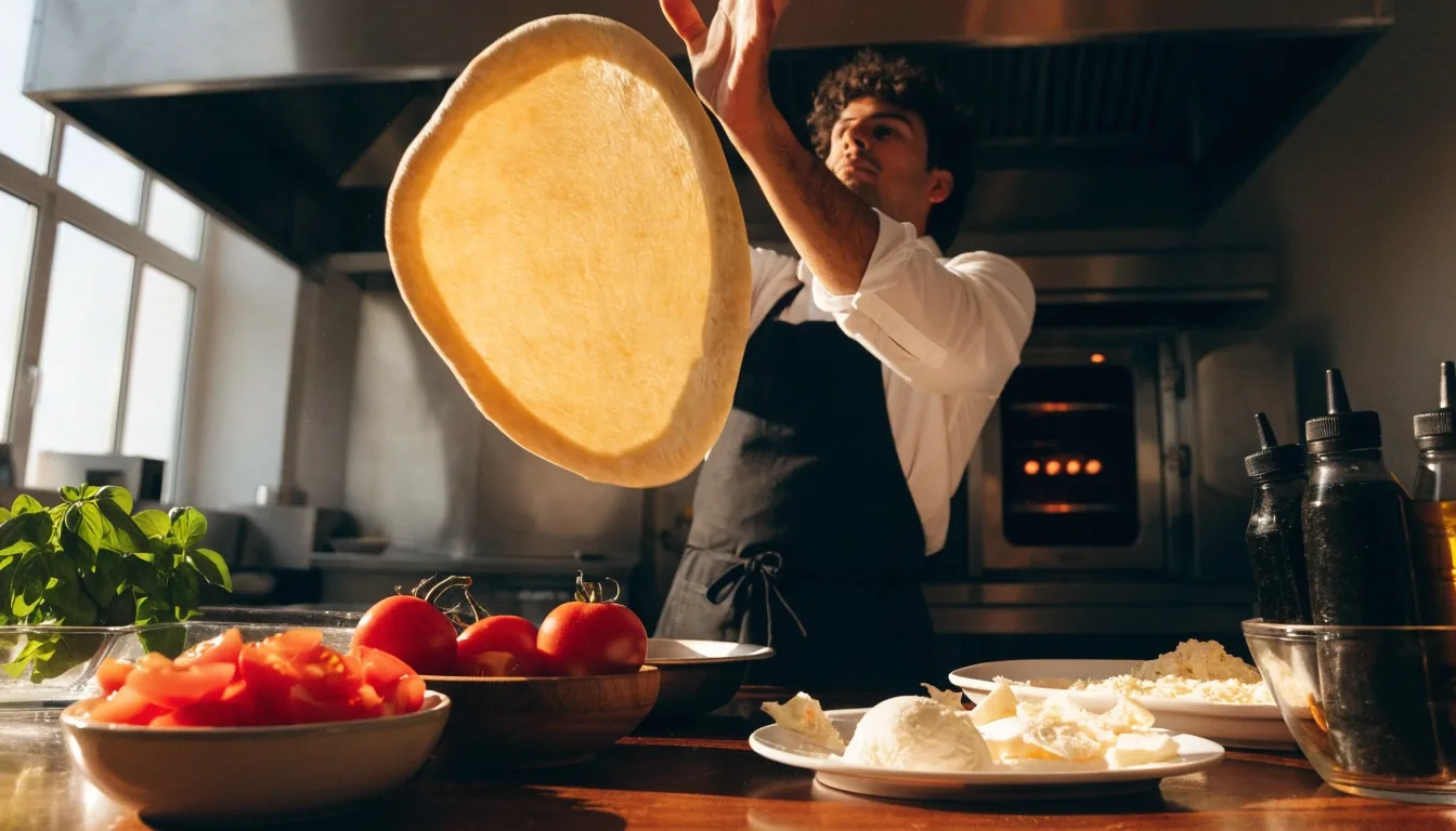 Kézzel nyújtott, lisztezett tésztakorong a Pizza Forte konyhájában