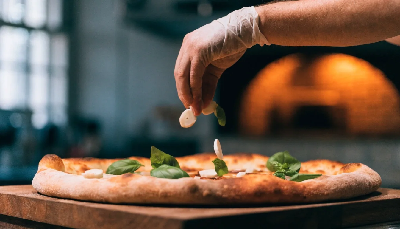 Roppanós, foltos kéreg a kemencéből kivett pizza szélén