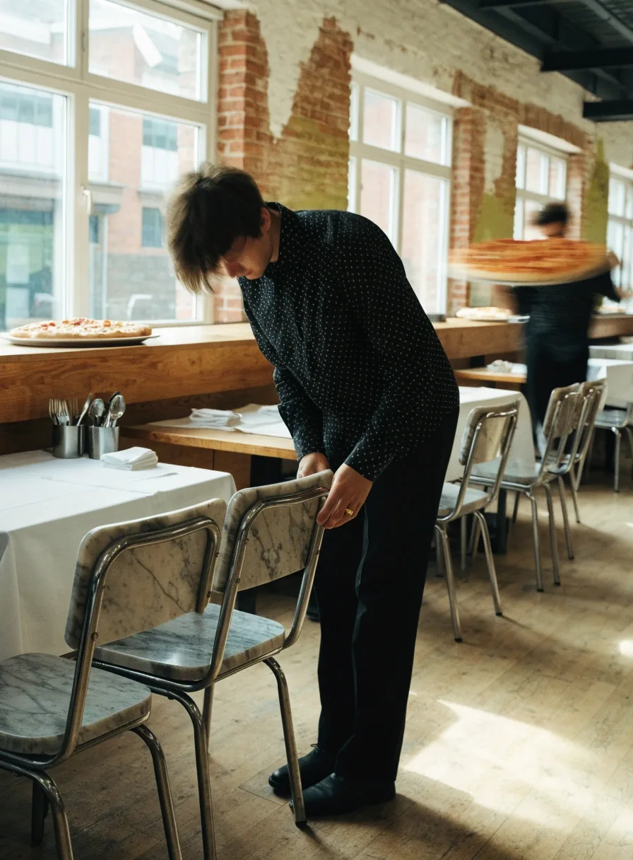 A pizzeria dining room with set tables and cool daylight along the window