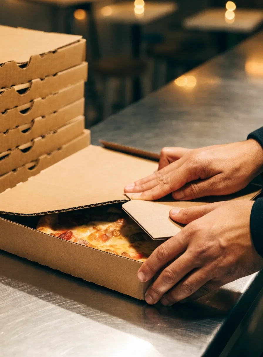 Elvitelre készülő pizzásdobozok lezárása a pulton