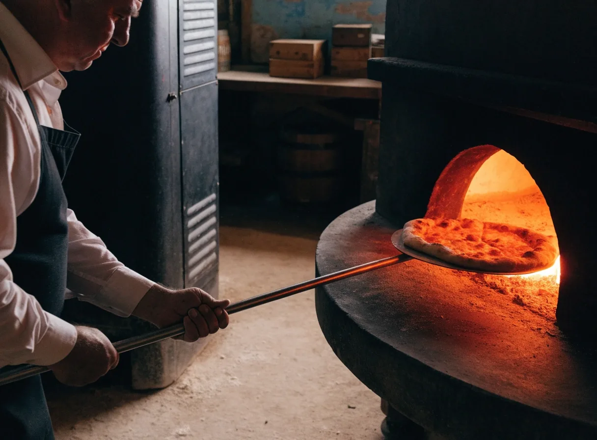 Gázzal működő kőkemence a Pizza Forte konyhájában, meleg sütőtérrel