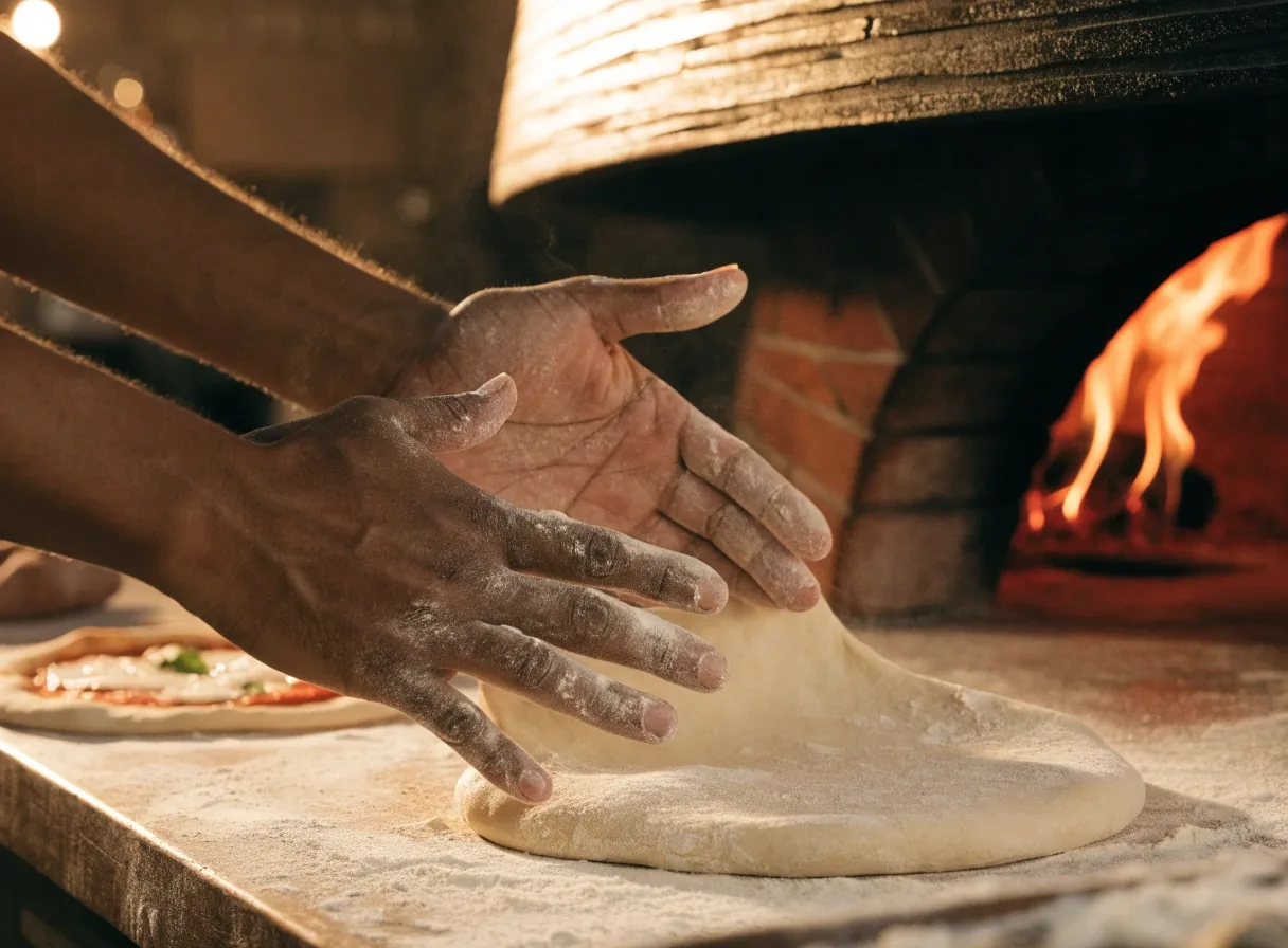 Kemencés pizzéria konyhája: fatüzelésű kemence szája és a munkapult, ahol a pizza sül