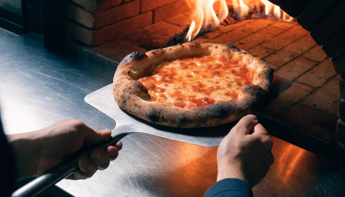 Nápolyi stílusú pizza buborékos, pörkölt széle a kemencéből kivéve