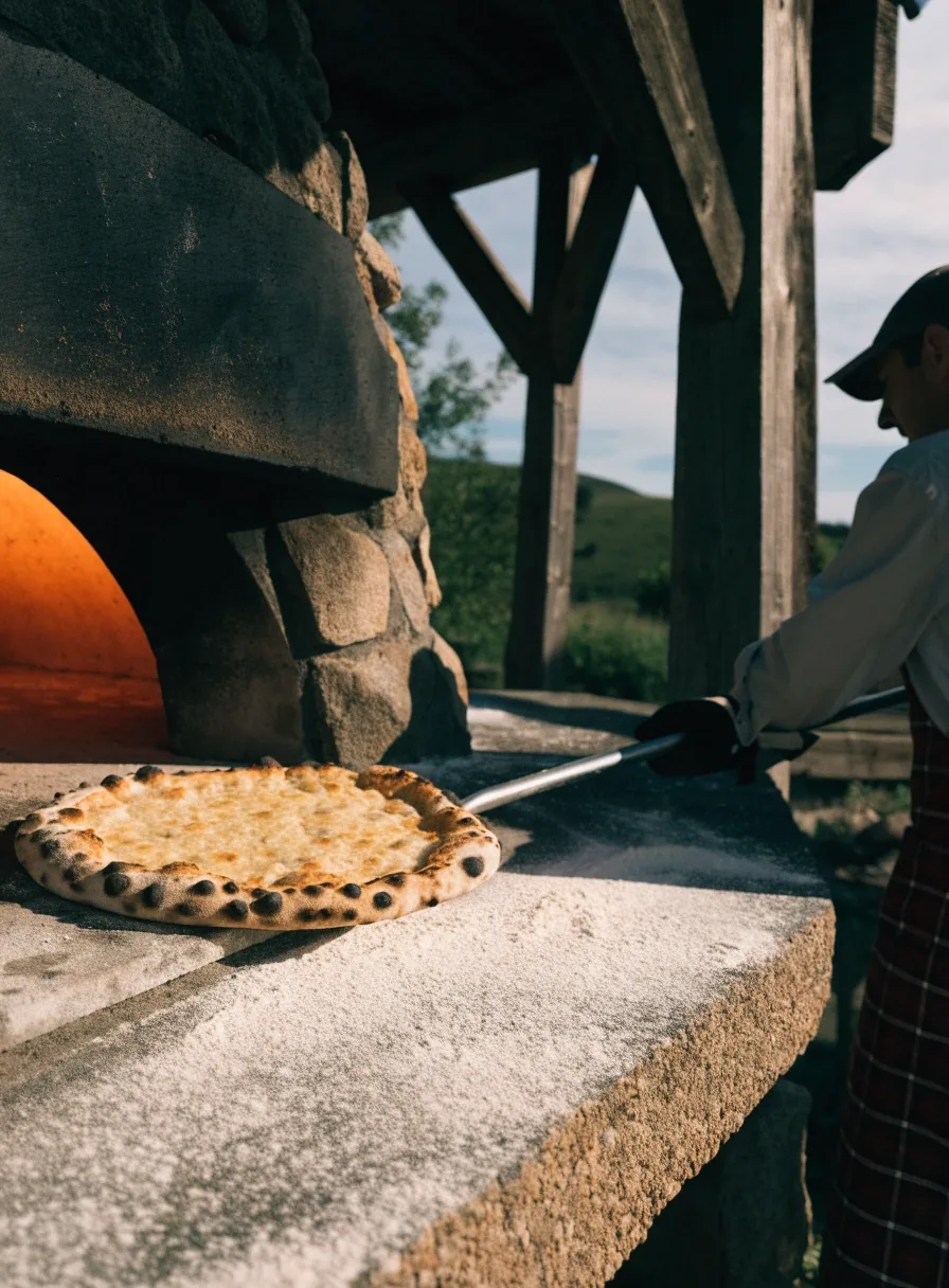 Nápolyi tészta nyújtása lisztezett márványon a Pizza Forte konyhájában