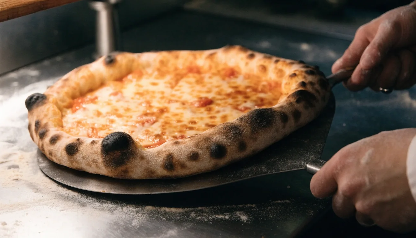 Ropogós, buborékos pizzaszél közelről, frissen a kemencéből