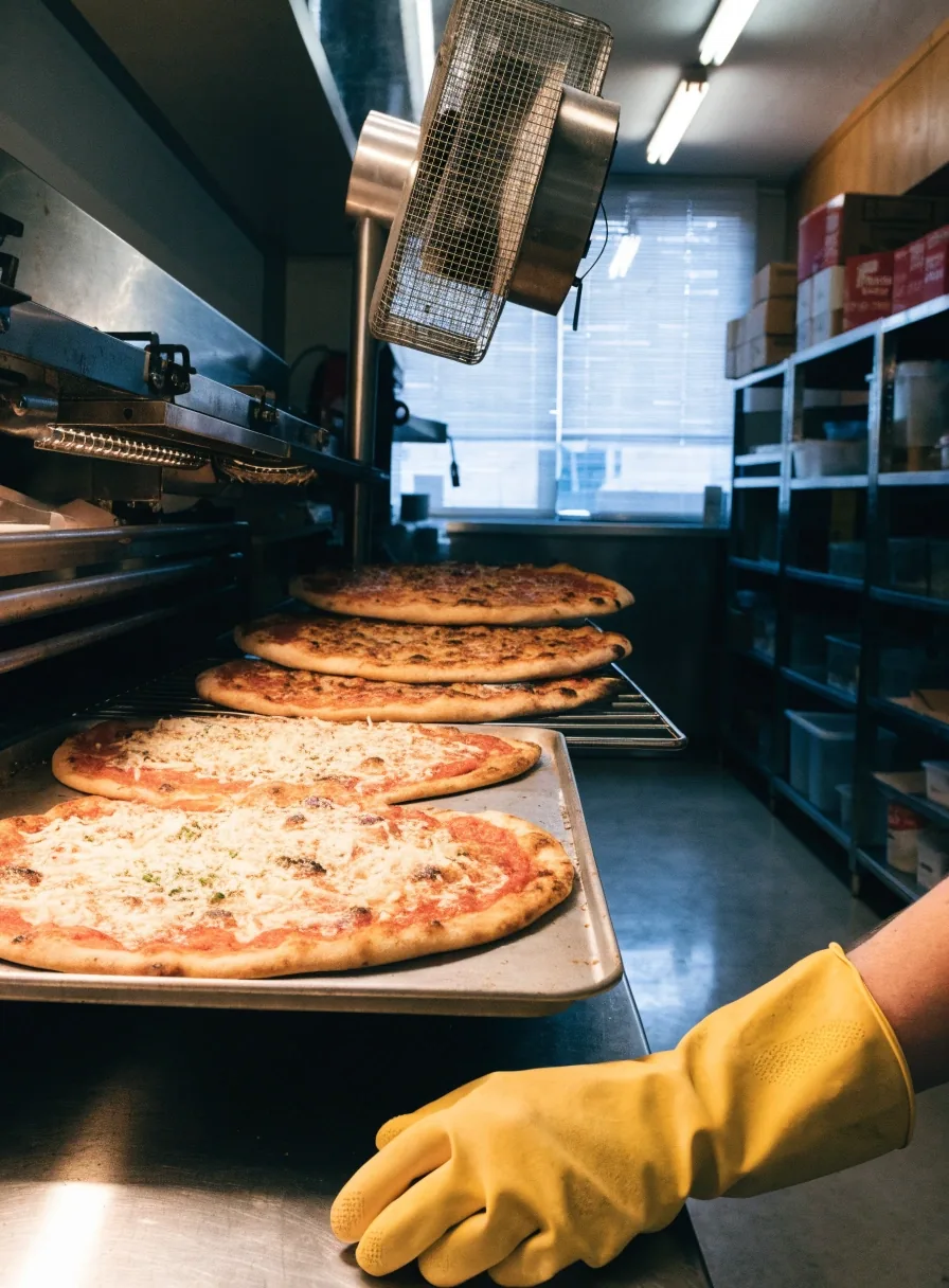 Kis környékbeli pizzéria belső tere, asztalokkal és pulttal