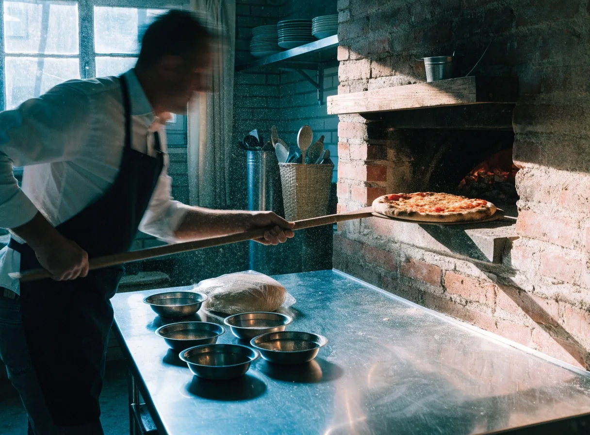 Munkába lendült pizzériakonyha reggeli fényben, a téglakemence szájával a mélyben
