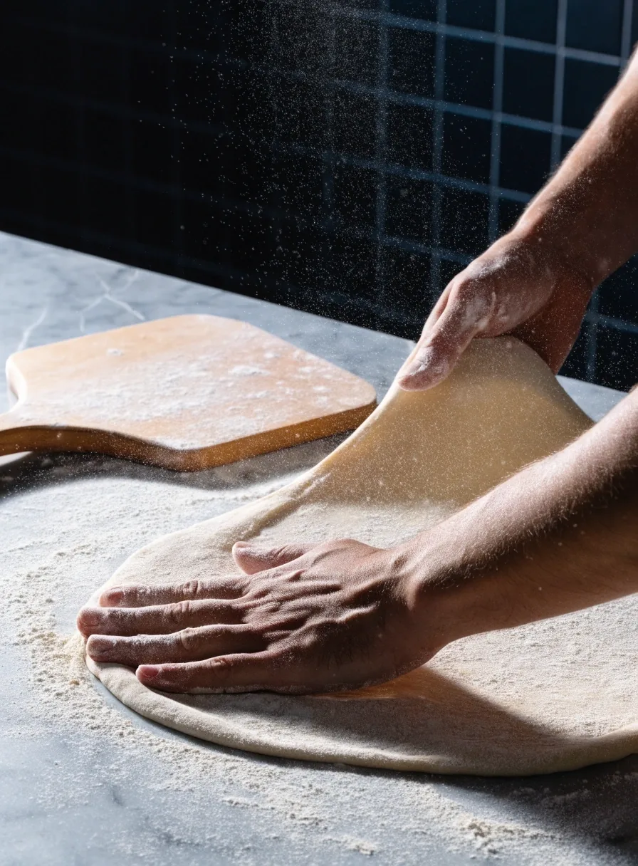 Pizzakészítő kezei nyújtott tésztát formálnak lisztezett márványon