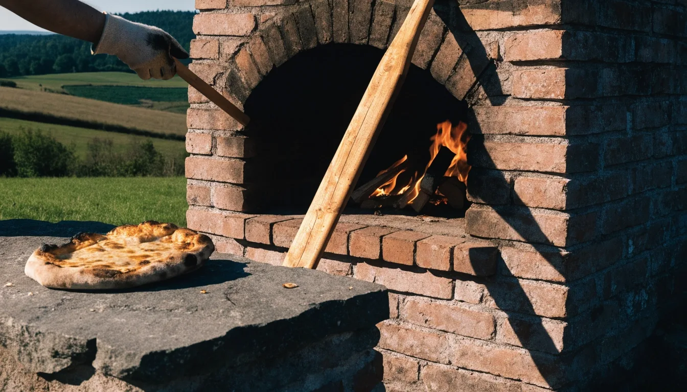 Vidéki pizzéria kemencéje a nyílás előtt támasztott nyéllel