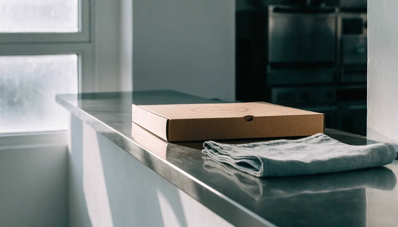 Előkészített doboz a Pizza Forte pultján, indulás előtt