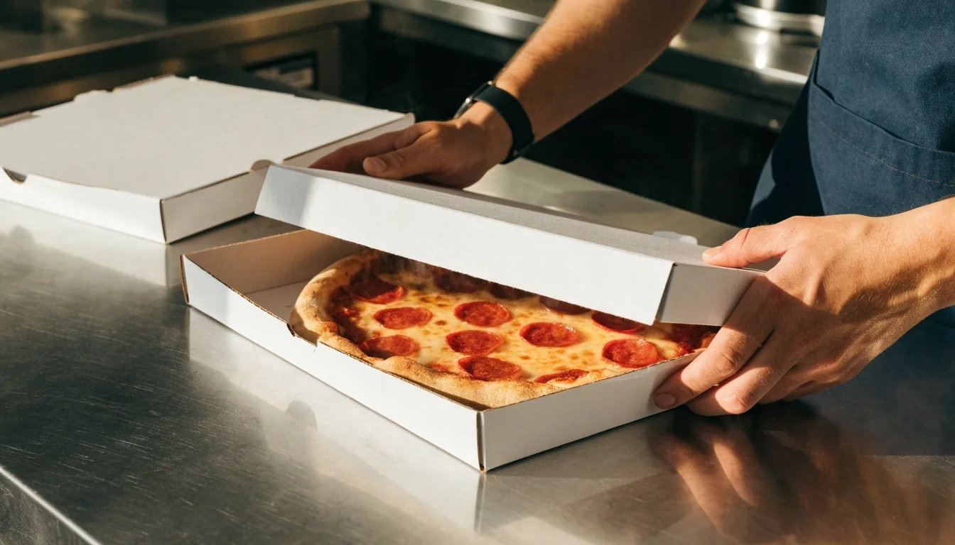 Elkészült pizza dobozba zárása a Pizza Forte pultján