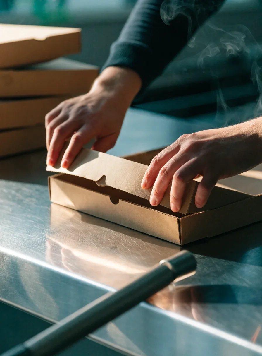 Elviteli dobozok zárása a Pizza Forte pultján