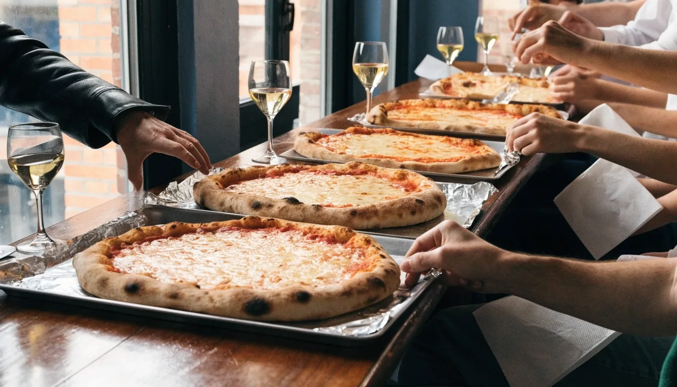 Hosszú asztal több pizzával a Pizza Forte éttermében