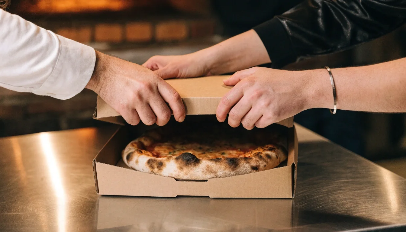 Kemencéből frissen kivett pizza vastag pereme sült foltokkal