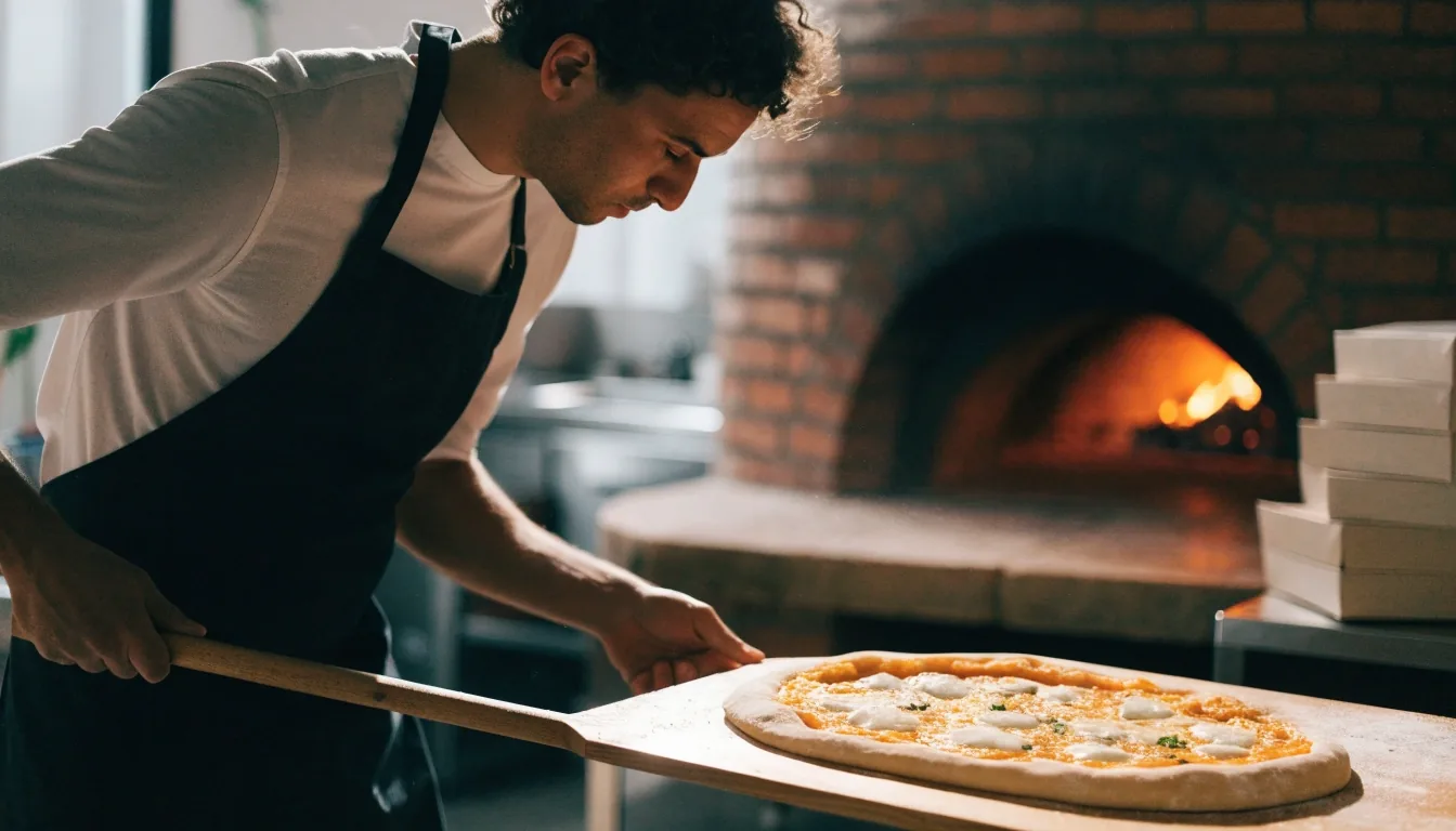 Nyers pizza behelyezése a kemencébe fapalánkkal