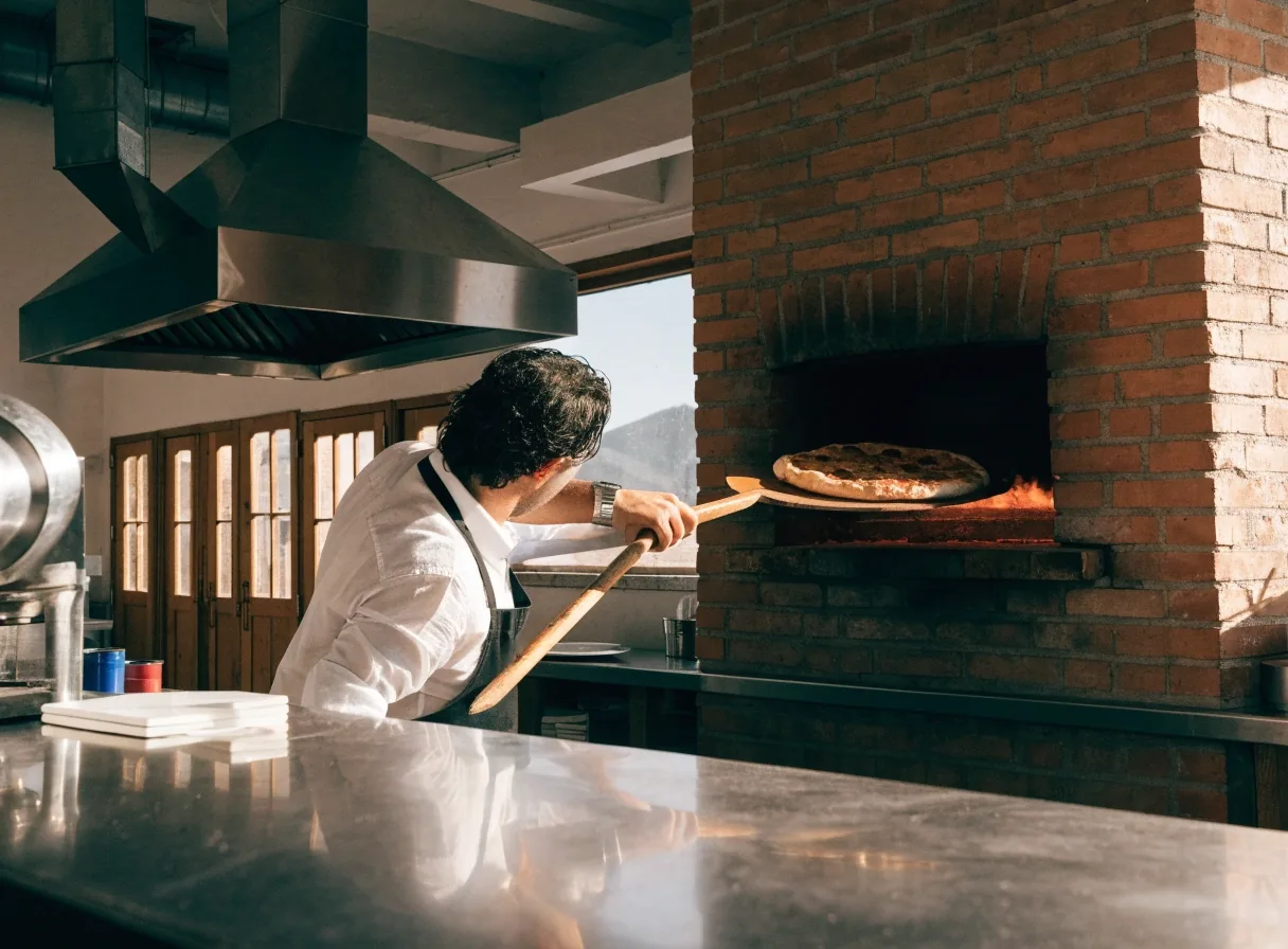 Pizza Forte konyha: a kemence szája és a munkapult reggeli fényben