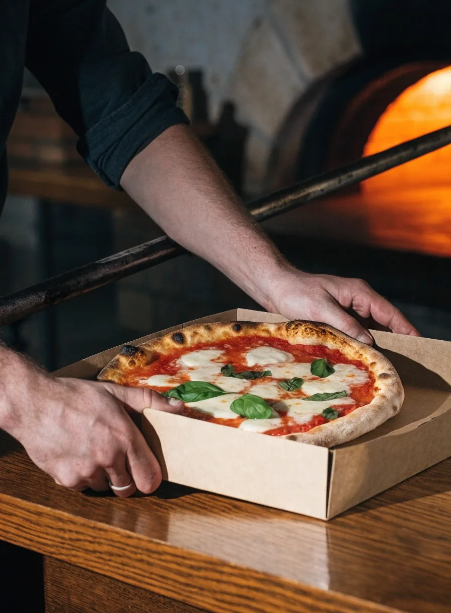 Pizzatészta nyújtása lisztezett márványlapon a Pizza Forte konyhájában