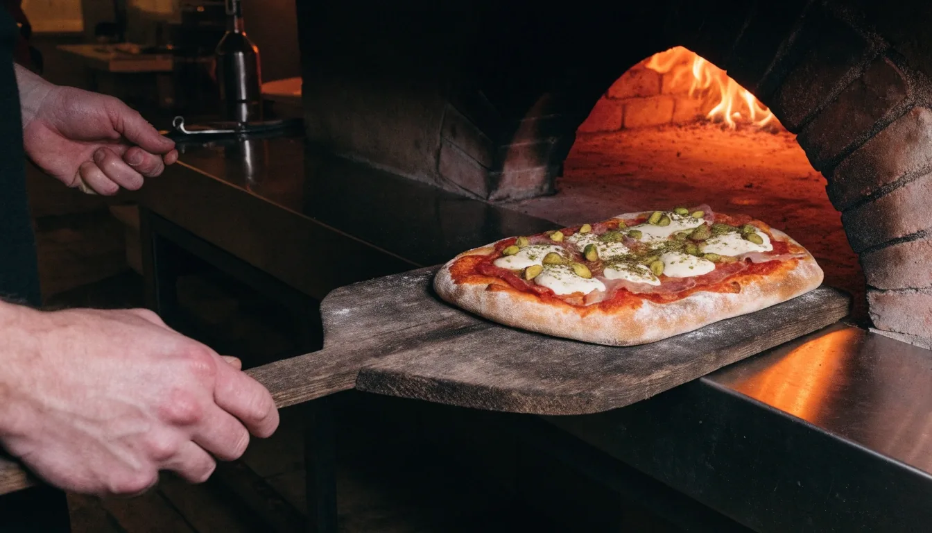 A pizza bekerül a téglából épült kemence száján a nyéllel