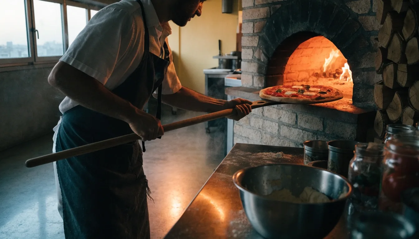 A Pizza Forte belvárosi konyhája reggel: a téglából épült kemence szája és a munkapult