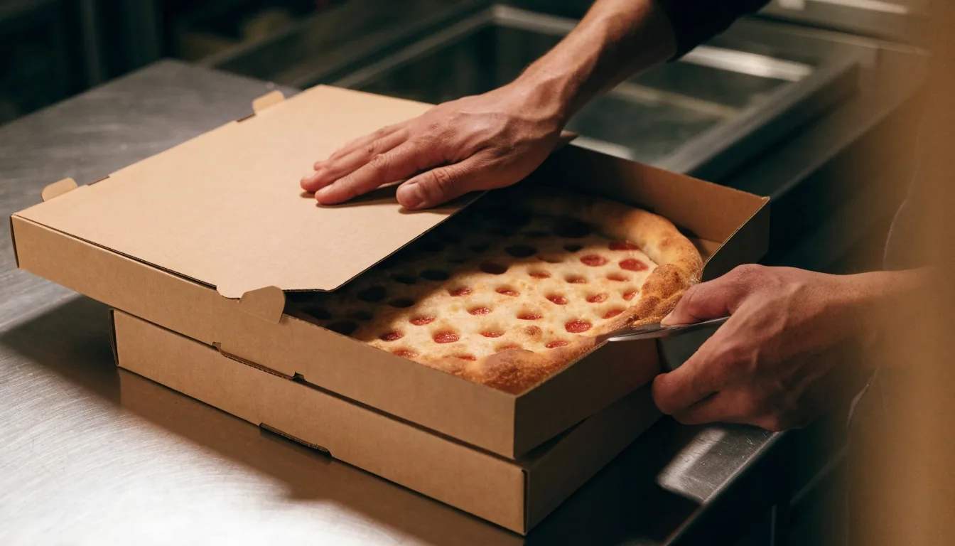 Elvitelre csomagolt pizzák a rozsdamentes pulton