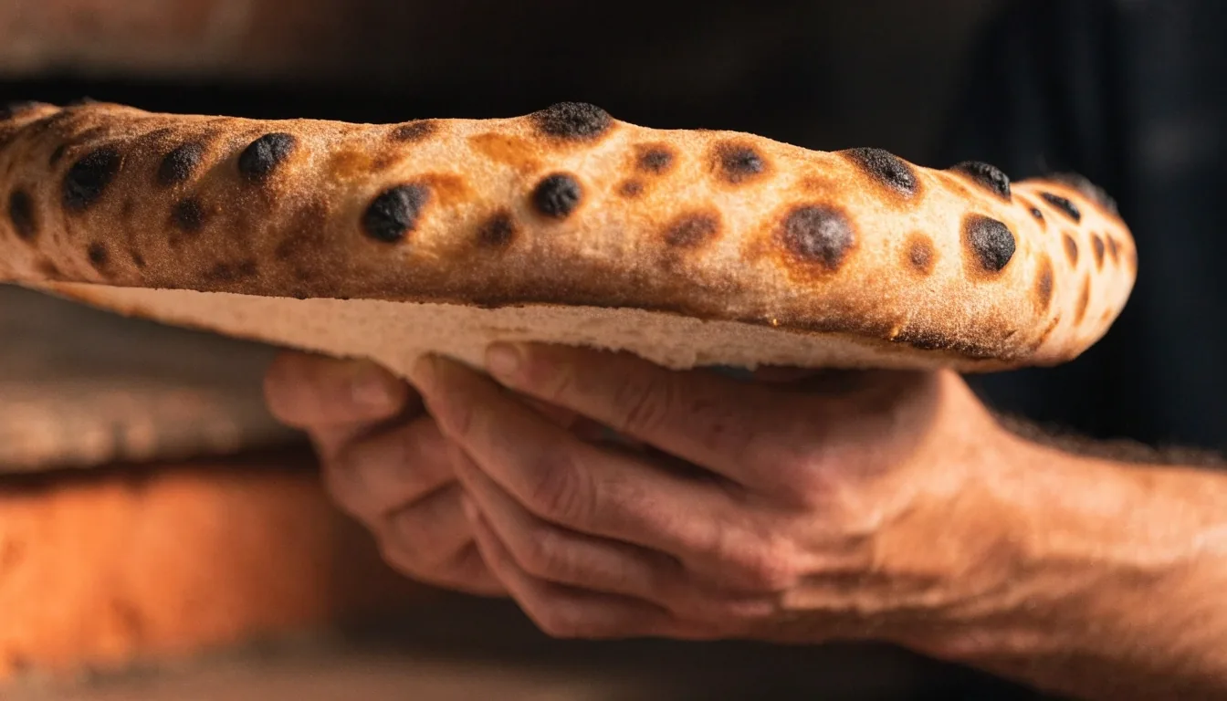 Frissen sült pizza széle, pettyes kéreg a vágásfelületen