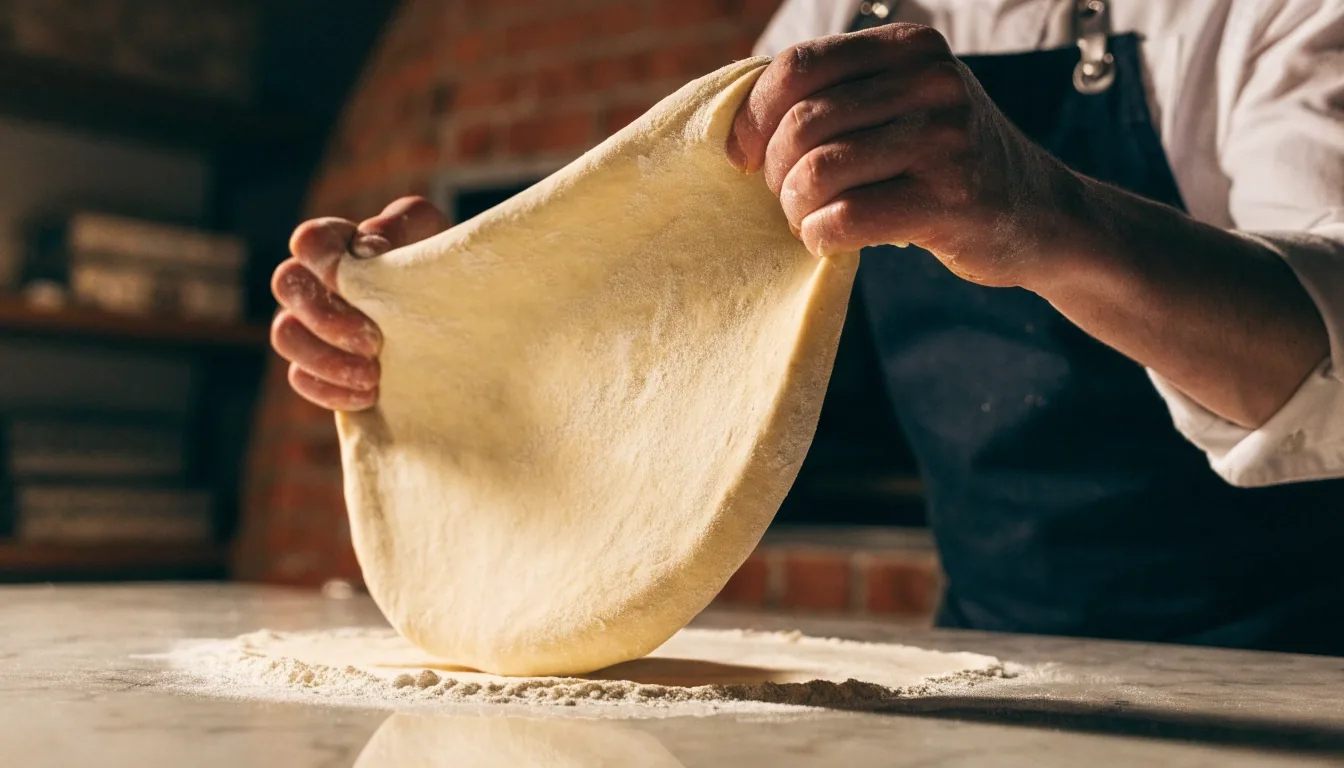 Nyújtott pizzatészta a lisztezett márványlapon