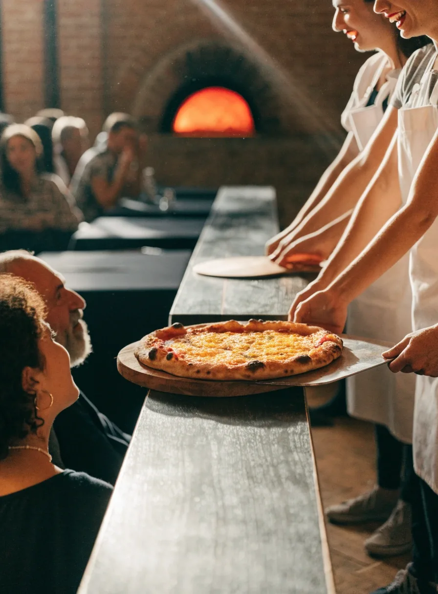 Vendégek egy budapesti Pizza Forte asztalnál, közösen esznek