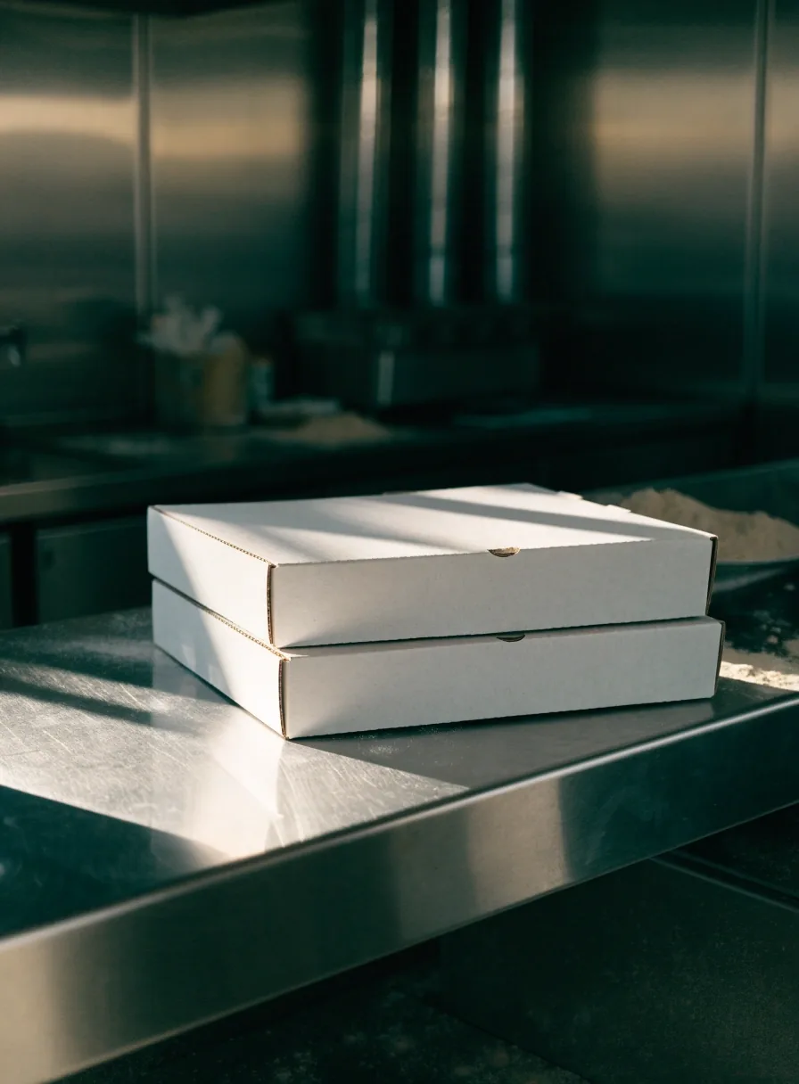 Lezárt pizzásdobozok a rozsdamentes pulton egy reggeli konyhában